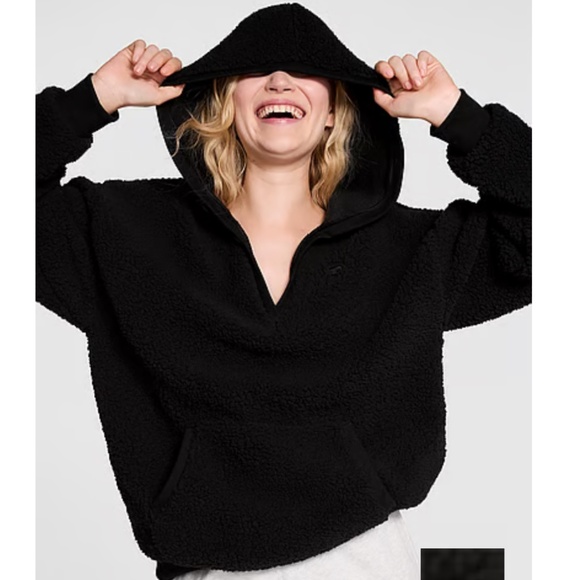 New PINK COZY FLUFFY FLEECE PULLOVER BLACK HOODIE - Picture 1 of 1